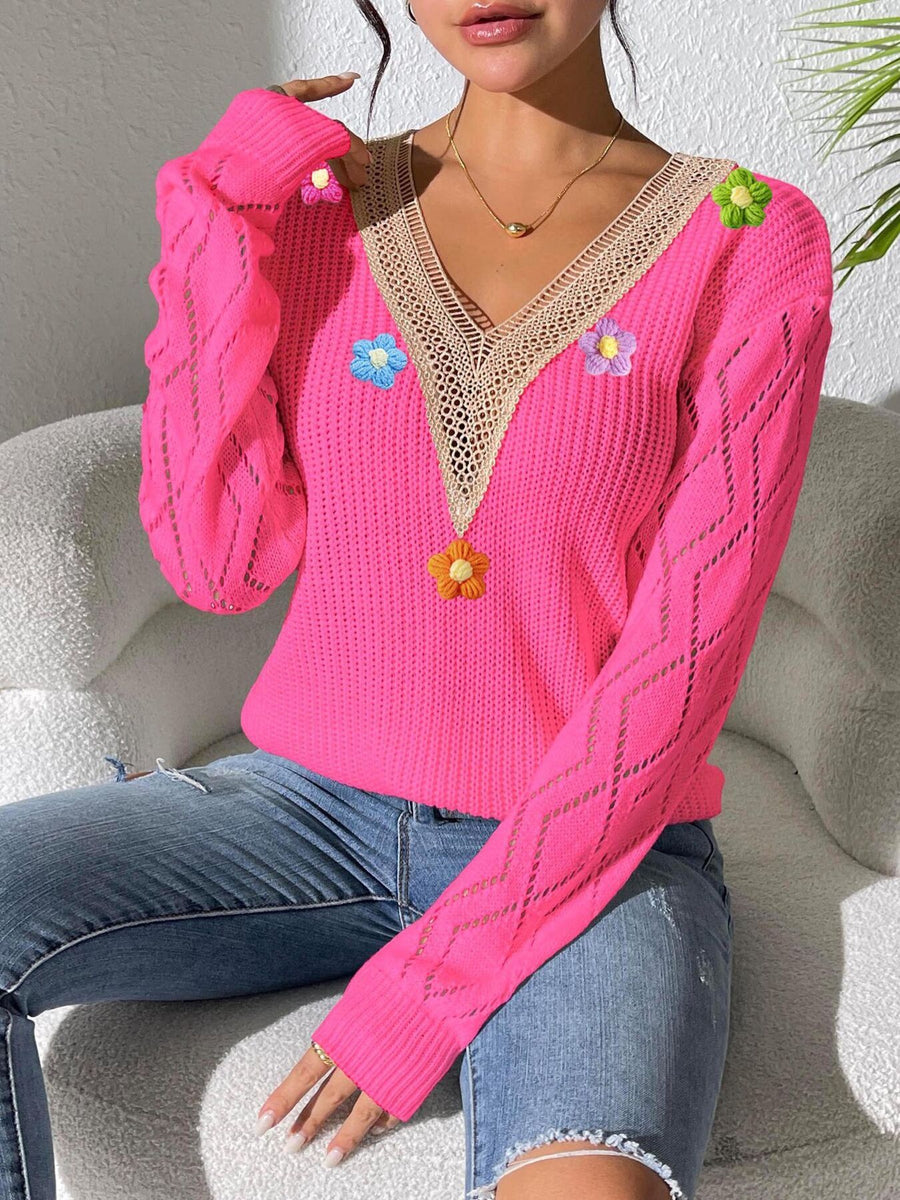 pullover sweater in Rose Red with v-neck and long sleeve
