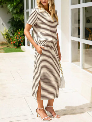 Black two-piece set with hip-length top, midi skirt and pullover