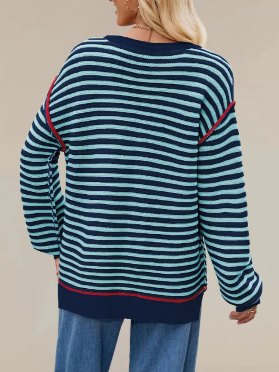 pullover sweater featuring striped in Navy Blue with 100% Acrylic Care instructions: Machine wash cold texture
