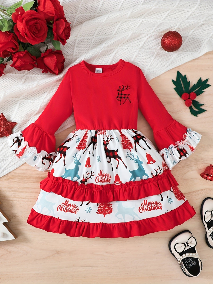white fit-and-flare dress featuring ruffled and reindeer print