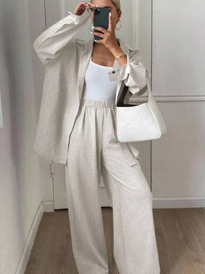 Dark Blue two-piece set with hip-length and button-front