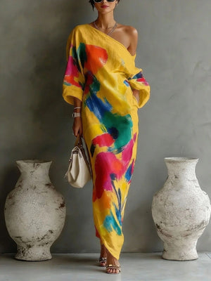 maxi dress in Yellow with abstract and one-shoulder