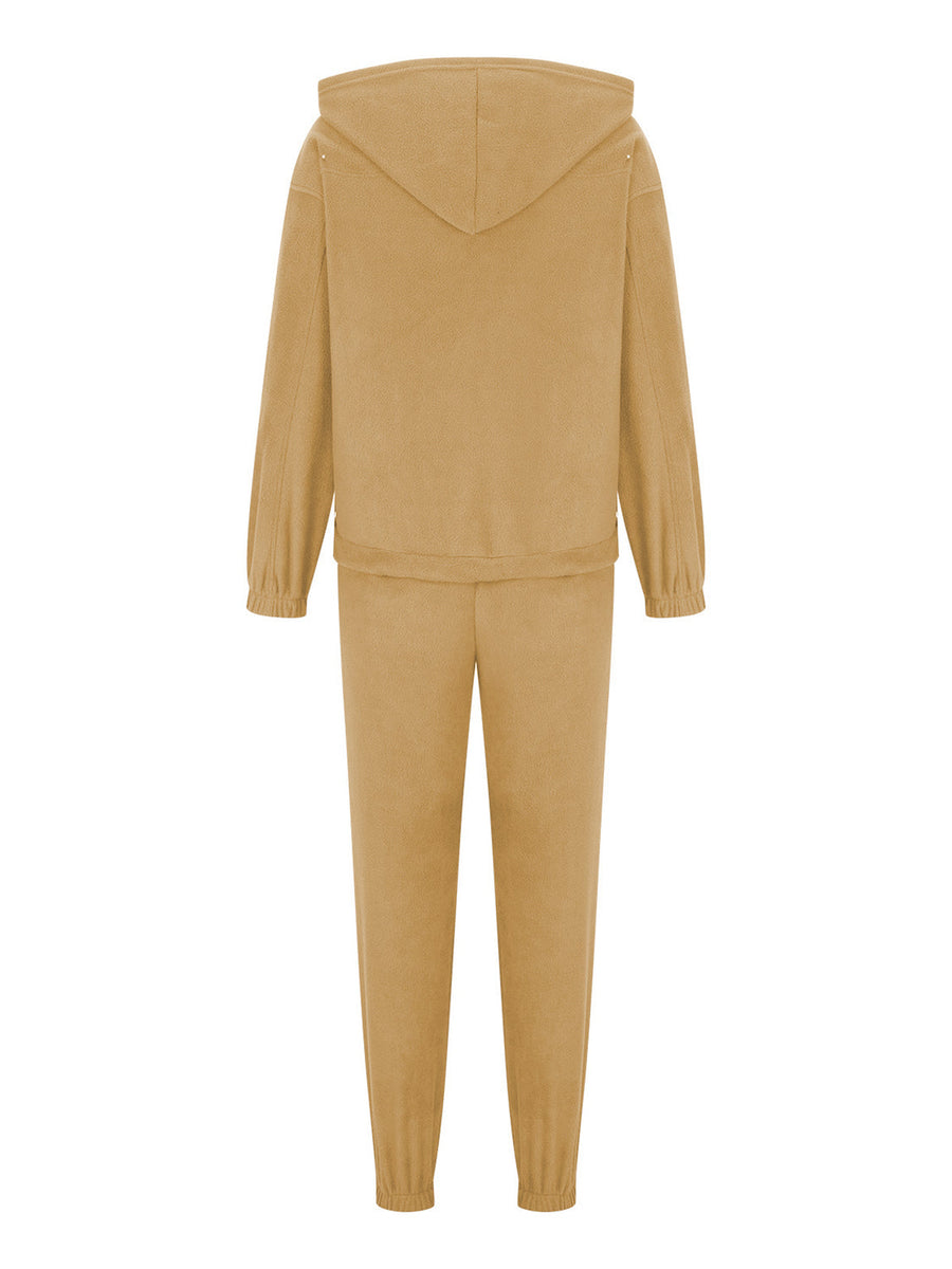 Tan fleece hoodie and jogger set with elastic cuffs and waistband.