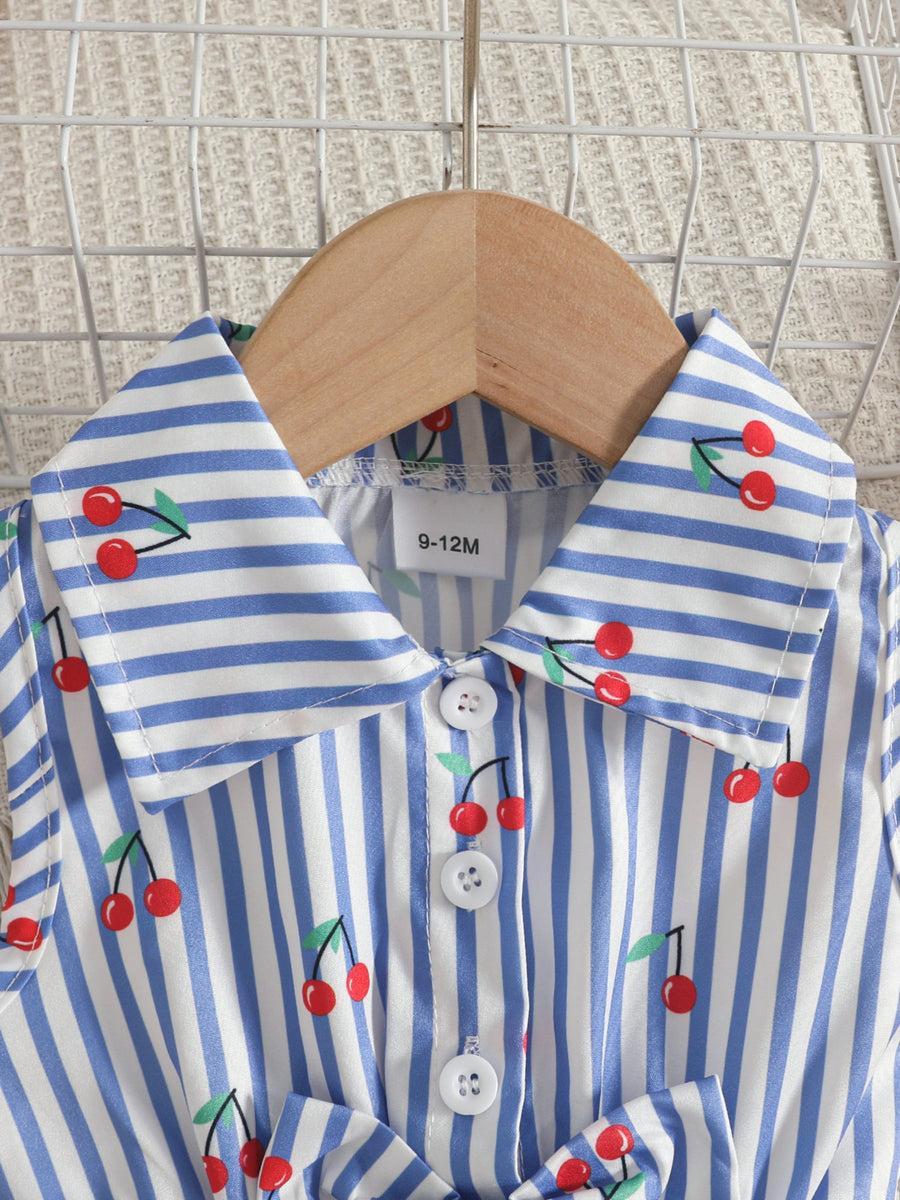 light blue romper featuring buttoned and striped