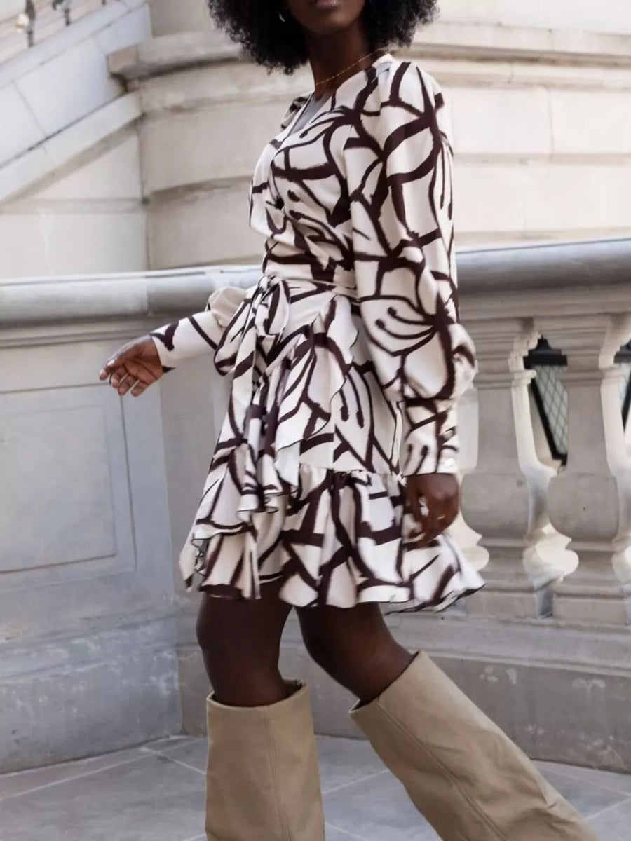 Leopard mini dress with belted and long sleeve