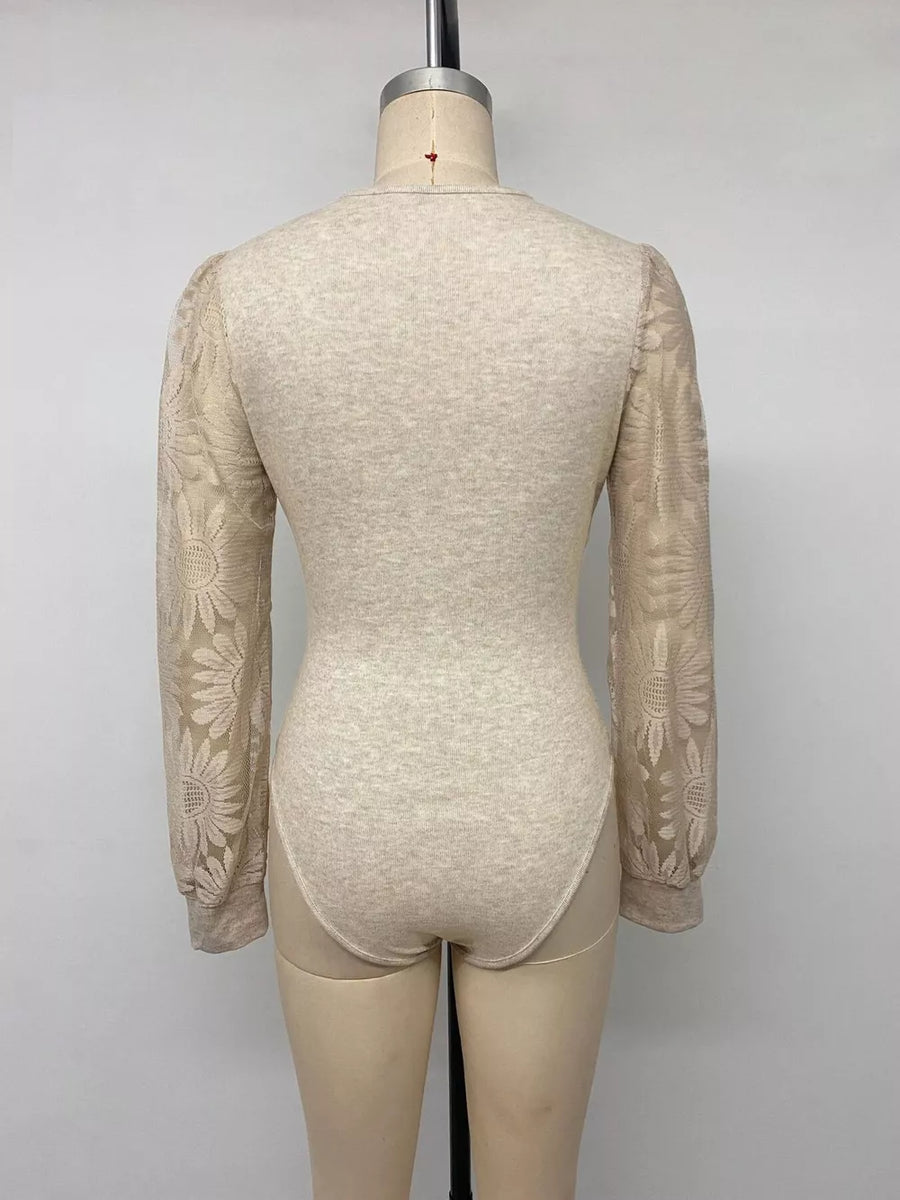 V-neck Lace Trim Floral Mesh Sleeve Bodysuit in Apricot with lace
