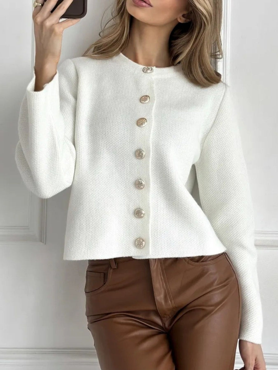 classic cardigan in White with crew neck