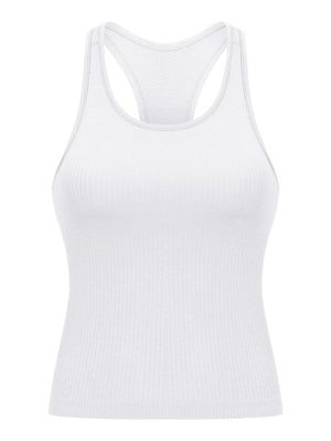 White ribbed racerback performance tank top with a textured inner bra.