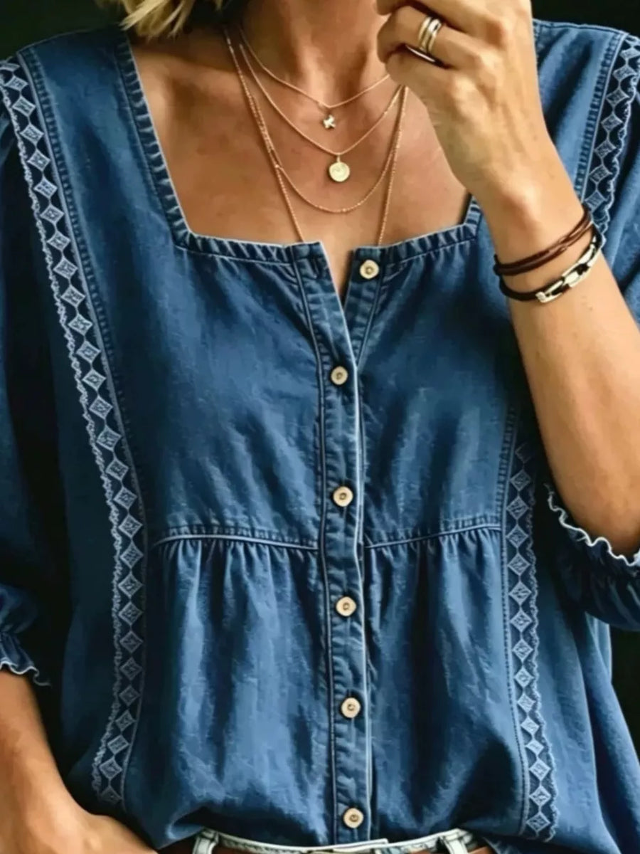 bohemian button-down shirt in Light Blue with square neck