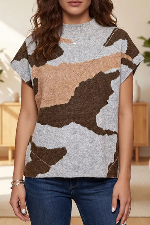 Gray with Camouflage Drop Shoulder High Neck Sweater