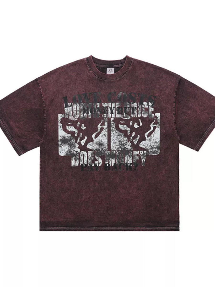 Burgundy graphic t-shirt, relaxed fit, crew neck, cotton, with abstract distressed print.