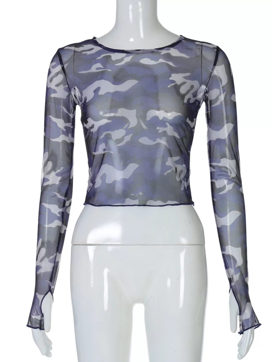 Sheer camouflage long sleeve cropped t-shirt with thumbholes in blue.