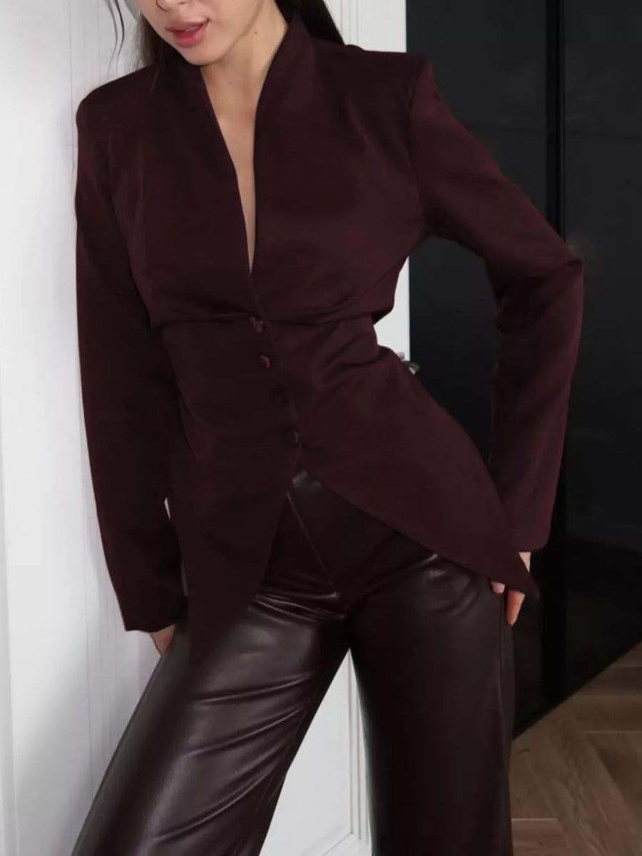 Slim-fit Asymmetric Hem Blazer in Burgundy with asymmetric hem