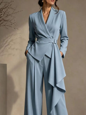 Caramel tailored pants set with shawl lapel