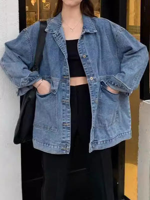 Denim Care instructions: Hand wash cold denim jacket in Blue with oversized silhouette