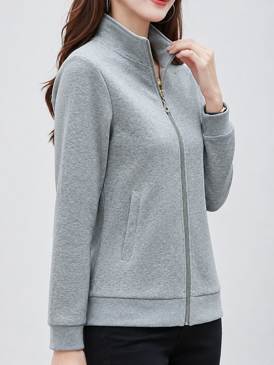 Full Size Stand-Collar Zip-Up Sweatshirt in Gray with zipper