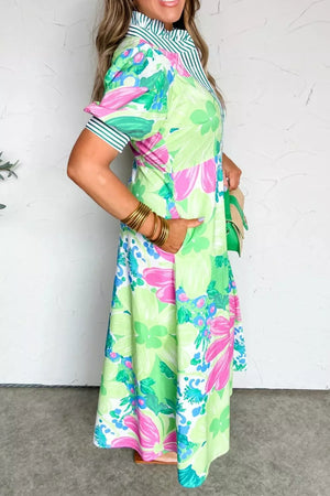 Charming floral midi dress with puff sleeves, green, pink, blue floral pattern, striped collar and cuffs.