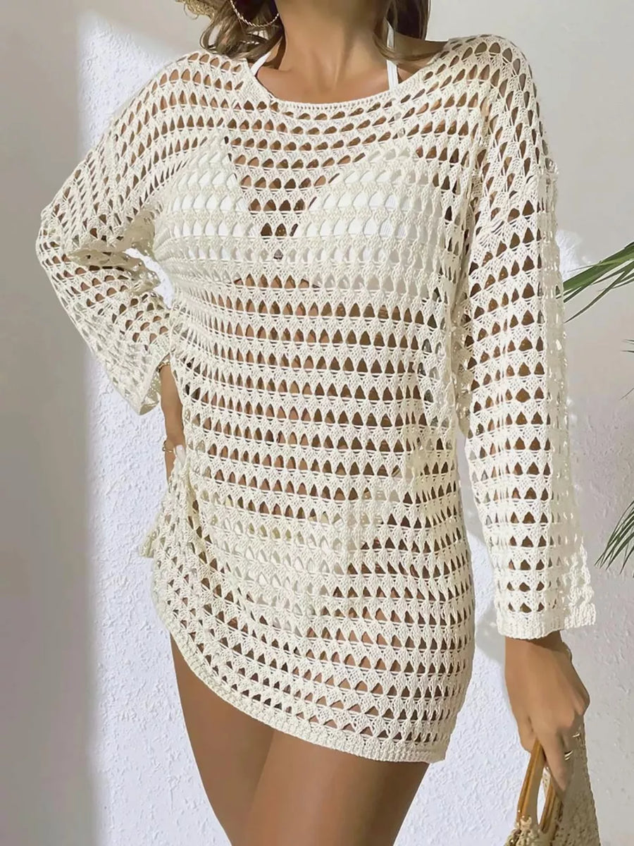 Sheer crochet knit cover-up in beige with openwork pattern and long sleeves.