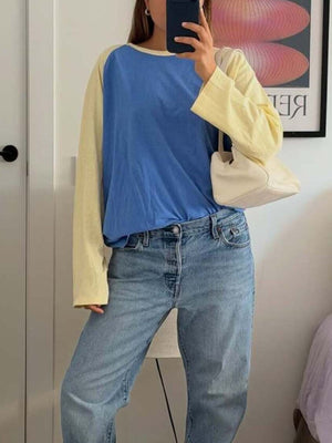 lemon yellow t-shirt featuring raglan sleeves and color-block