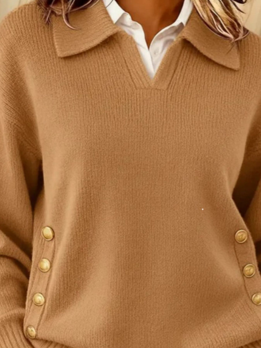 Decorative Button Dropped Shoulder Sweater Plus Size in Dark Brown with buttoned