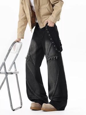 jeans in washed black featuring belted and wide-leg fit