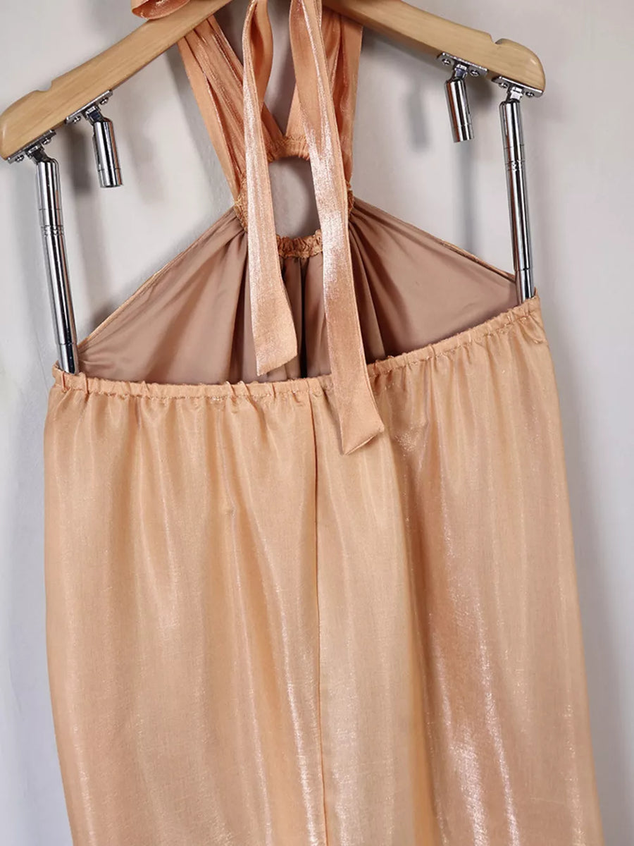 golden maxi dress with partially lined and sleeveless