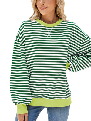 Striped crew neck sweatshirt in Gum Leaf green with white stripes and contrasting lime green trim.