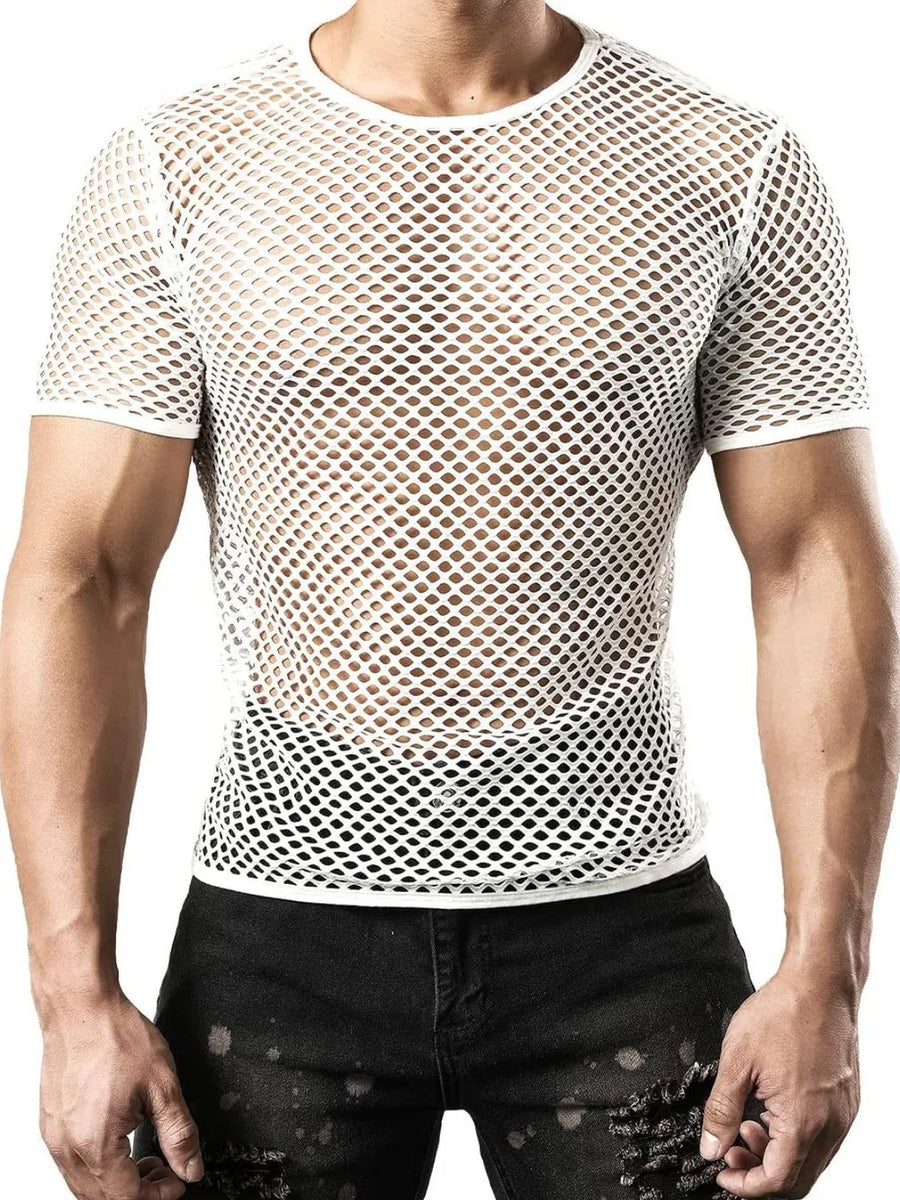 White mesh knit crew neck tee with short sleeves and a breathable, open weave.