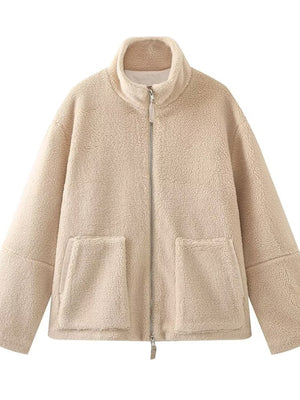 sherpa jacket in Reddish Brown with zipper and hip-length