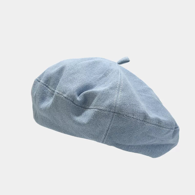 Vintage Style Denim Beret Hat in medium wash denim with visible stitching