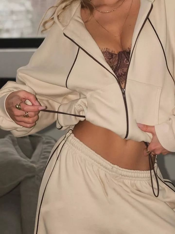 Black lounge set with cropped and zip-front, drawstring