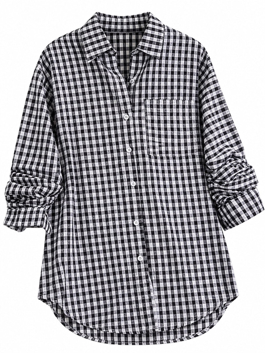 button-down shirt in Black with gingham and pocketed