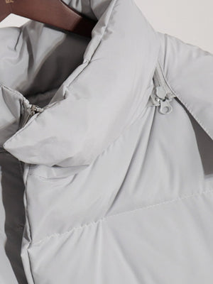 Light gray puffer jacket with a zipper closure and high collar