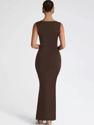 Brown sleeveless bodycon maxi dress with square neckline, shown from the back.