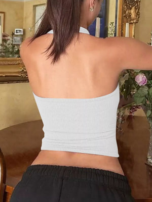 White ribbed halter tank top with scoop neck shown from the back.