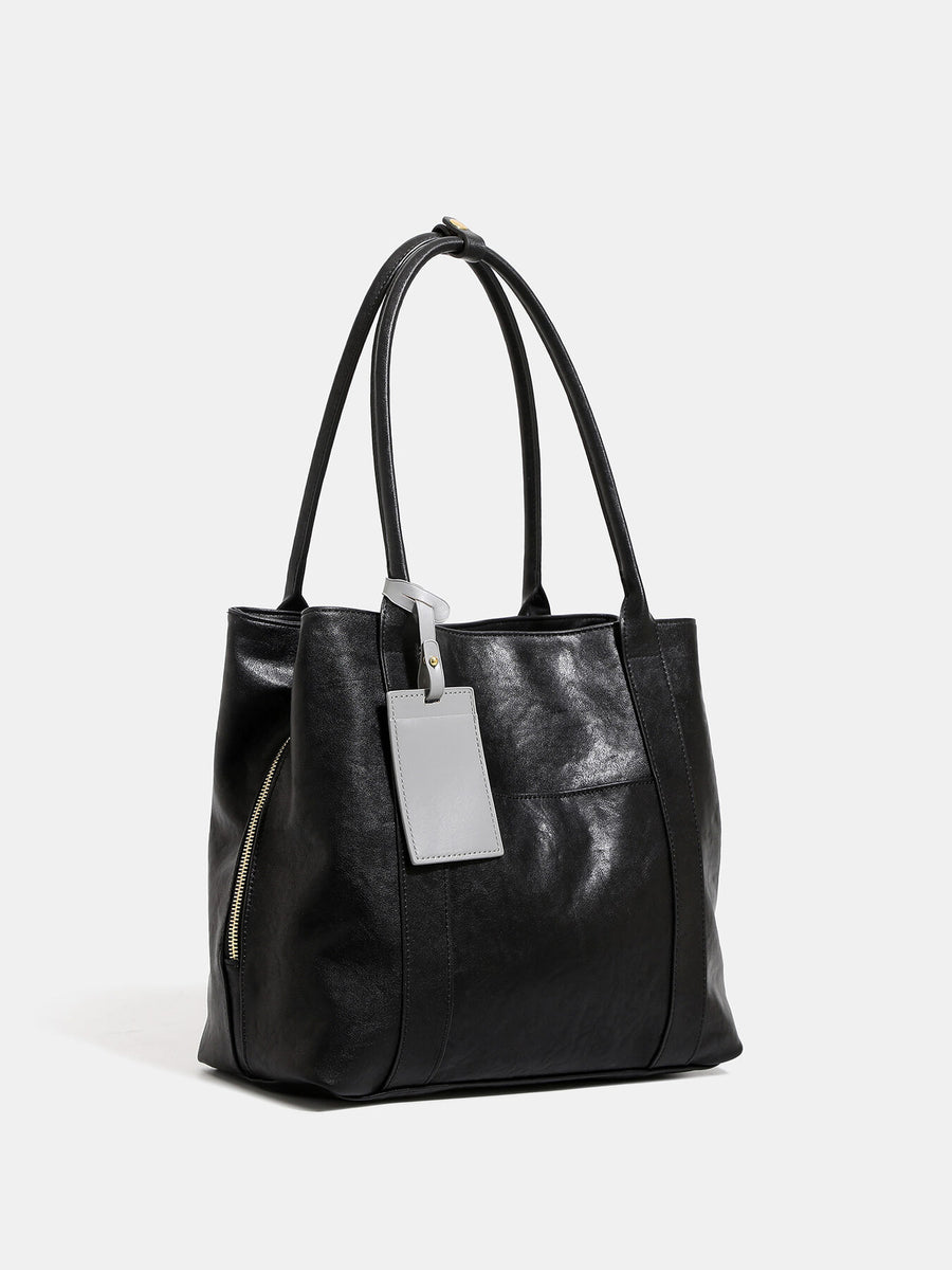 PU Leather Imported Size & tote in Black with boxy silhouette