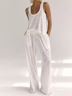 White cropped tank and wide-leg lounge pants set with a textured knit fabric.