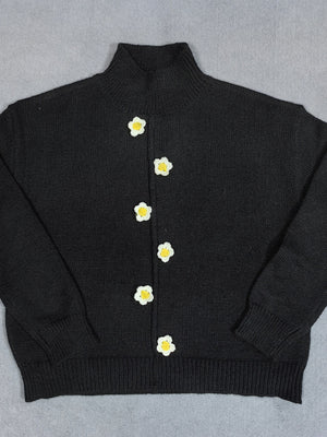 Floral Applique Turtleneck Sweater in beige with decorative buttons