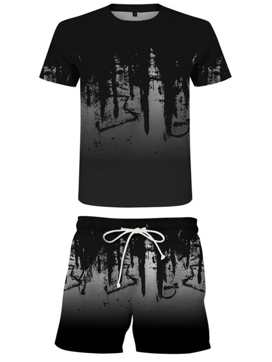 Black graphic tee and shorts set with abstract drip pattern and white drawstring.