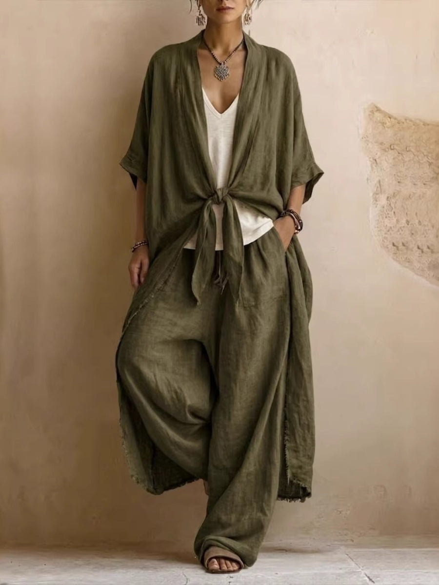 Brown two-piece set with raw hem and elbow sleeve