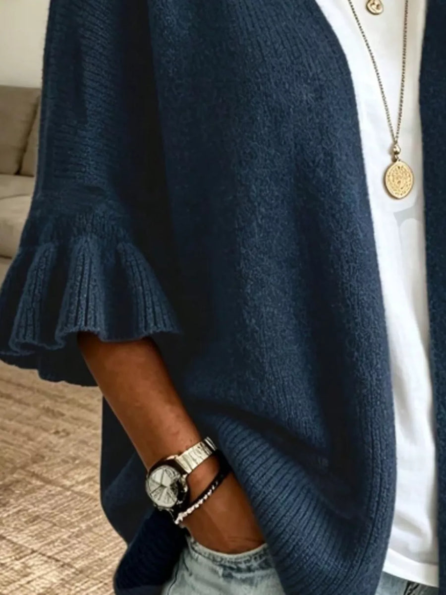 light blue cardigan with open-front and marled