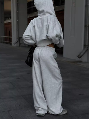 Oversized Zip-up Hoodie And Wide-leg Pants Set in Brown, view 11