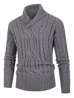 slate gray pullover sweater with cable knit and shawl lapel