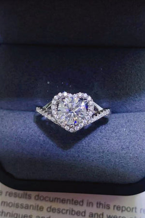 Heart halo moissanite engagement ring in silver with pave diamond band
