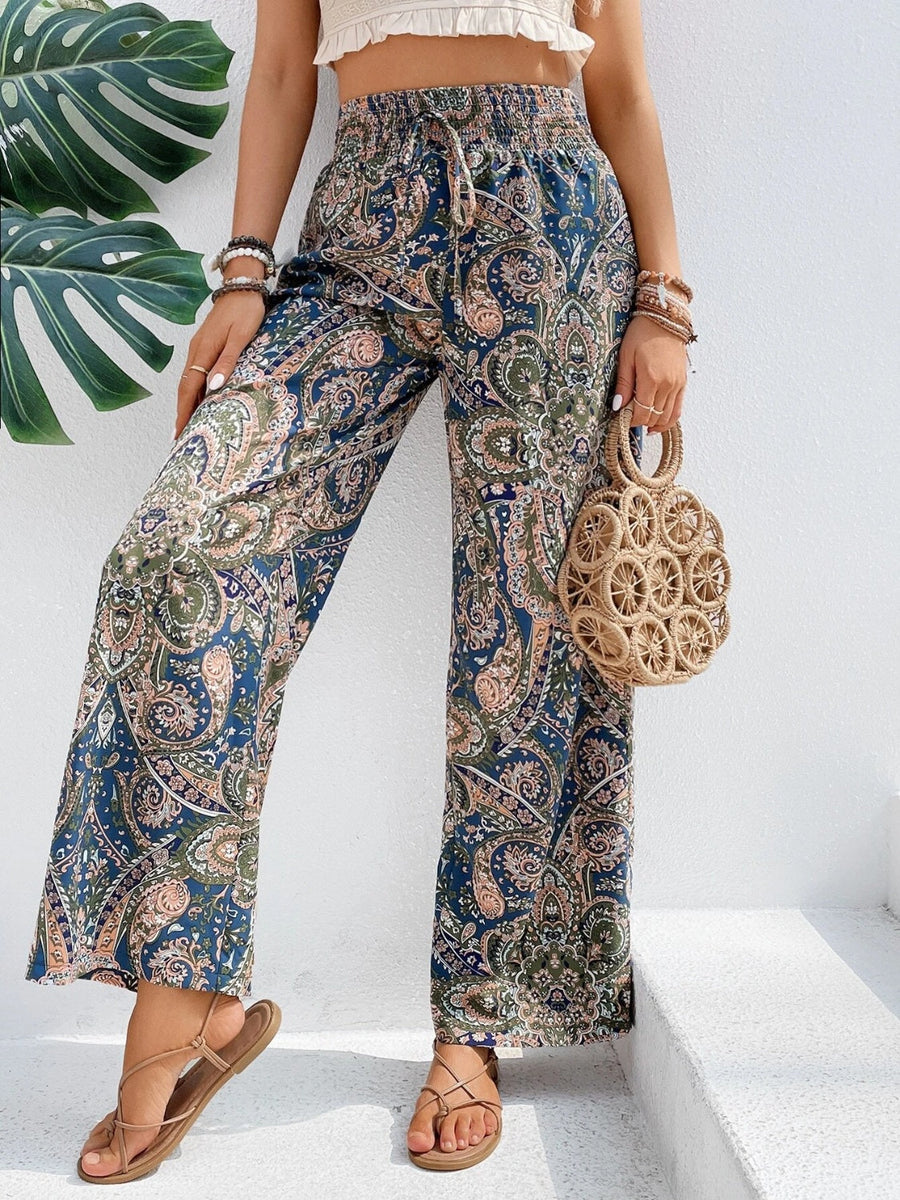 Paisley palazzo trousers in multicolor with drawstring waist and wide leg