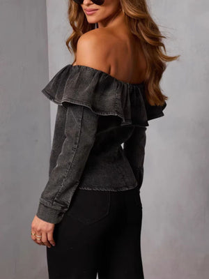 Black denim off-shoulder top with double ruffle neckline and long sleeves.