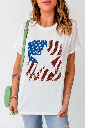 White round neck tee with distressed American flag graphic and star.