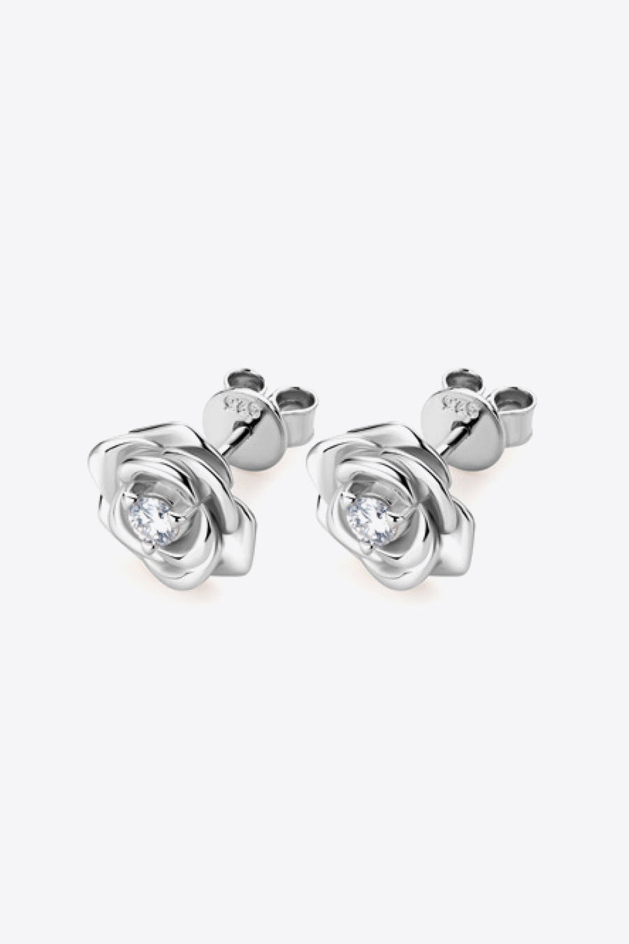 Silver rosebud diamond stud earrings with clear center stone