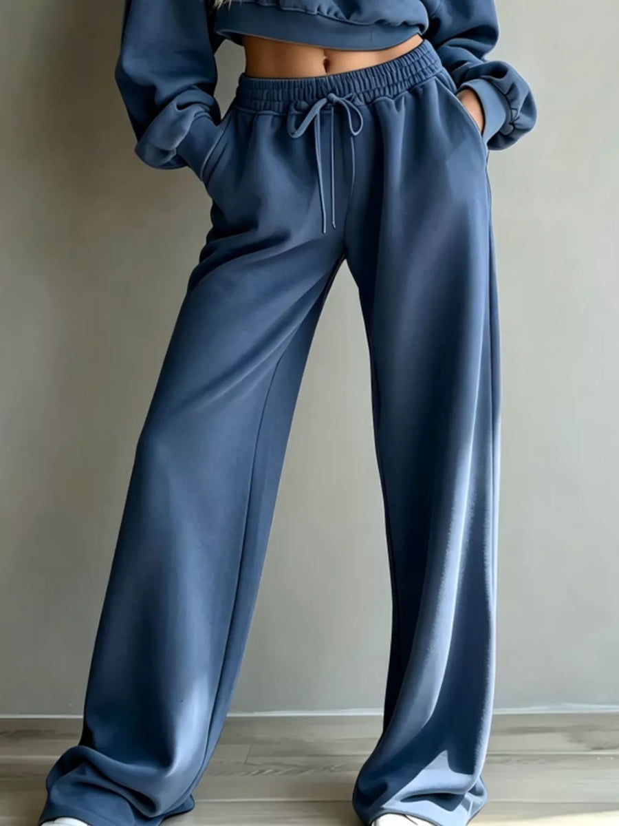 Round Neck Cropped Sweatshirt And Wide-leg Pants in Pink with drawstring