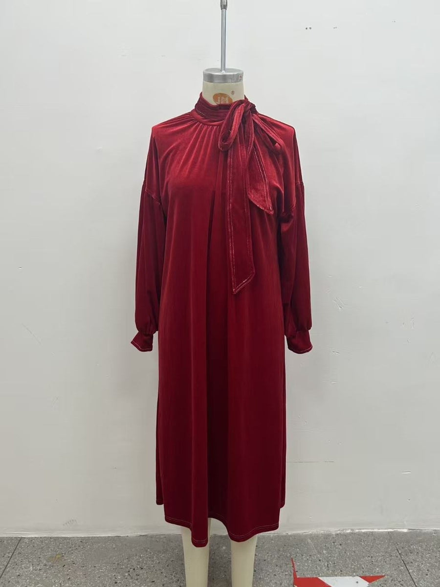 midi dress in Burgundy with damask and contrast stitching